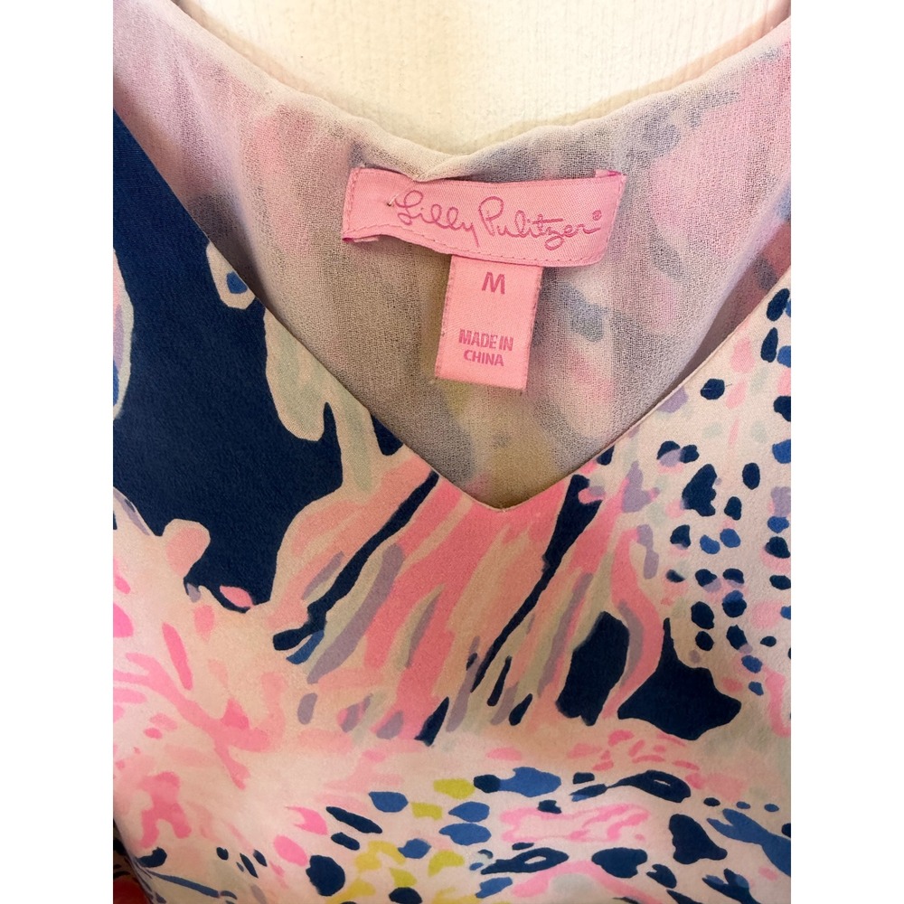Lilly Pulitzer Florin V-Neck Shell Tank Top Pink Navy Blue Floral Print Medium - Picture 2 of 2